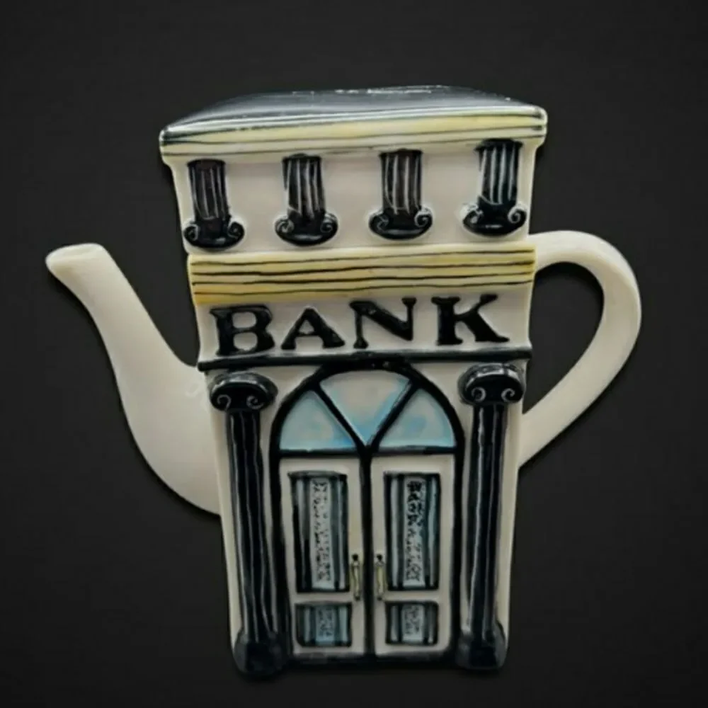 Cute Vintage Handbag Storefront and Bank Teapot Tea Pot With Lid